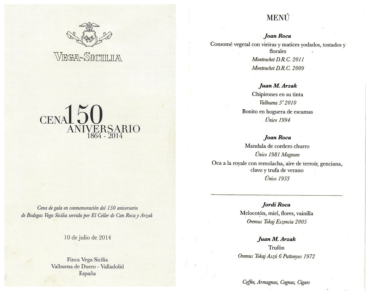Vega menu et wines 2